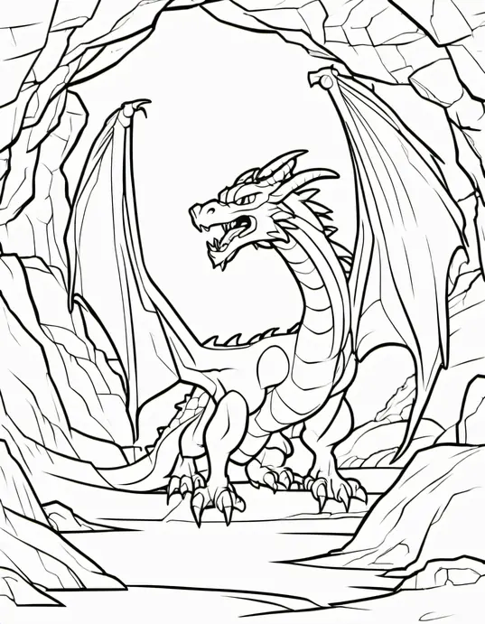 Anime-Style Dragon Cave Coloring Scene