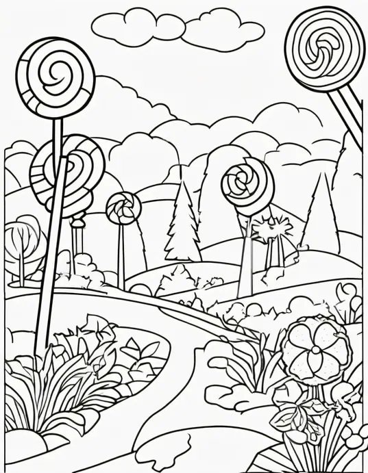 Sweet Candyland Coloring Scene: Lollipop Forest Adventure