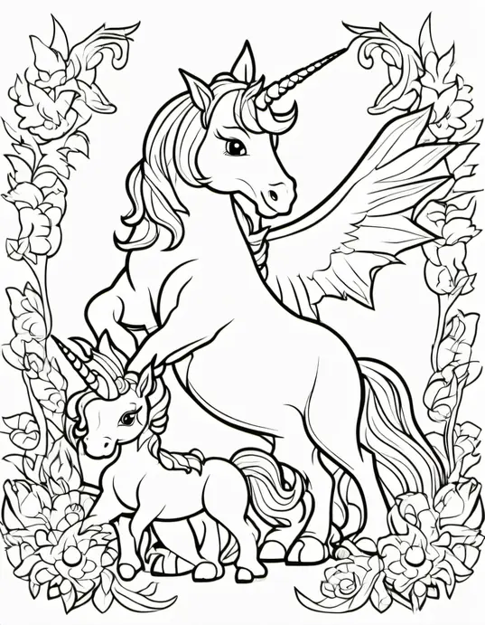Coloring Magical Unicorn and Baby Dragon Playtime Scene