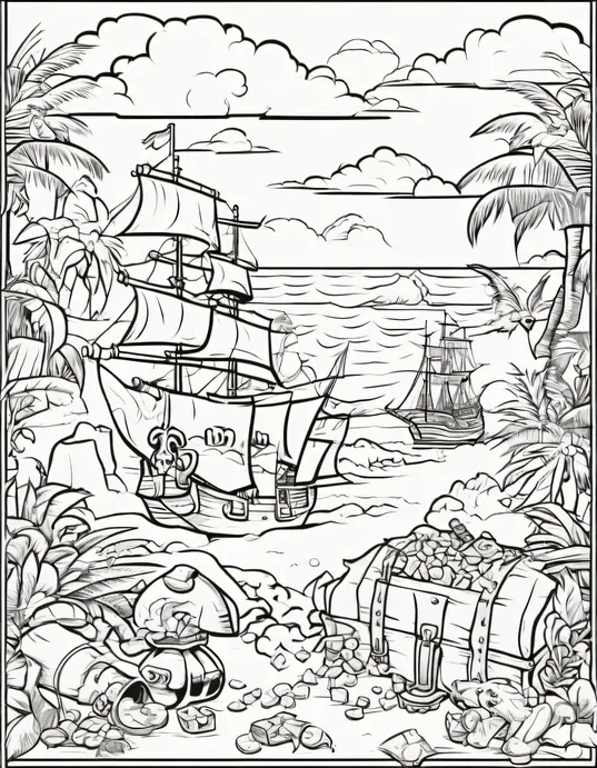 Pirate Treasure Island Coloring Scene for Kids