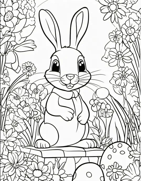 Easter Bunny Garden Coloring Page for Kids