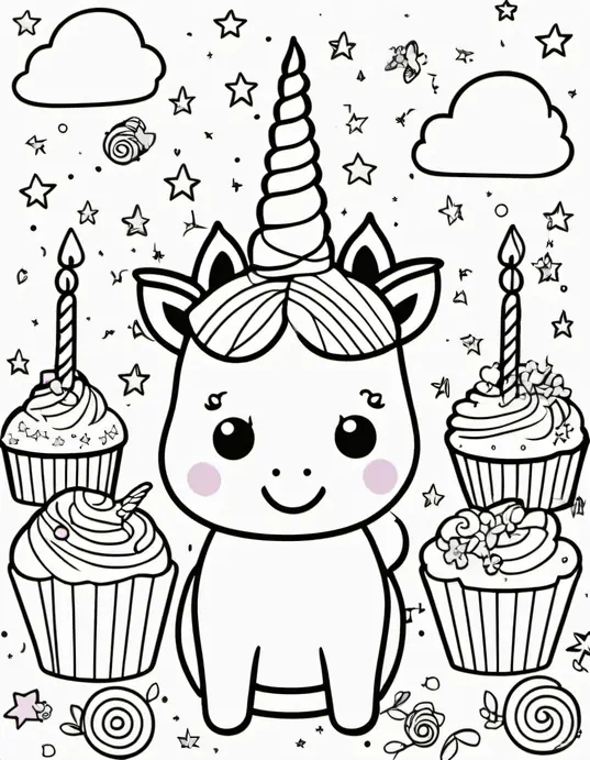 Unicorn Birthday Party Coloring Scene for Kids