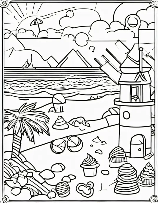 Summer Sunshine Ice Cream Beach Coloring Scene