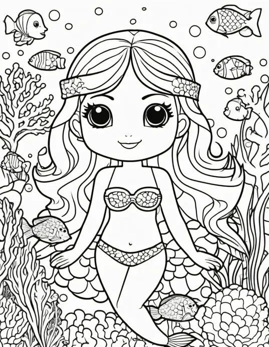 Kawaii Mermaid Underwater Coloring Scene