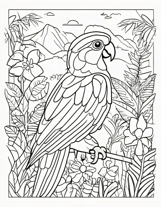Coloring Happy Parrot Jungle Scene