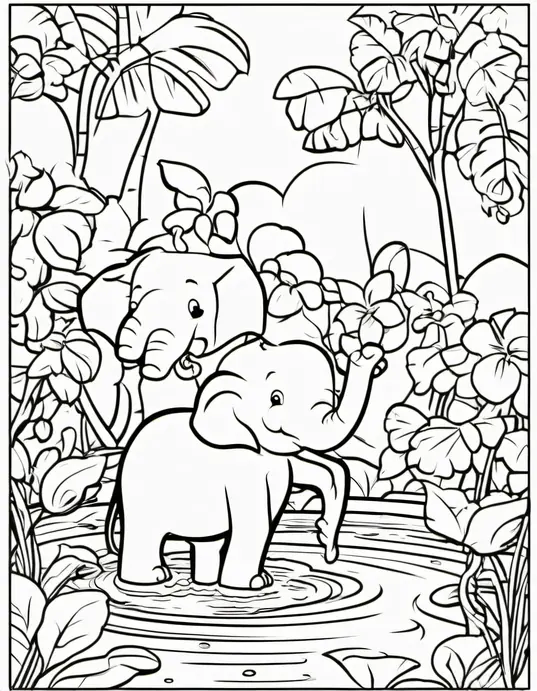 Colorful Jungle Babies: Playful Monkey and Elephant Scene