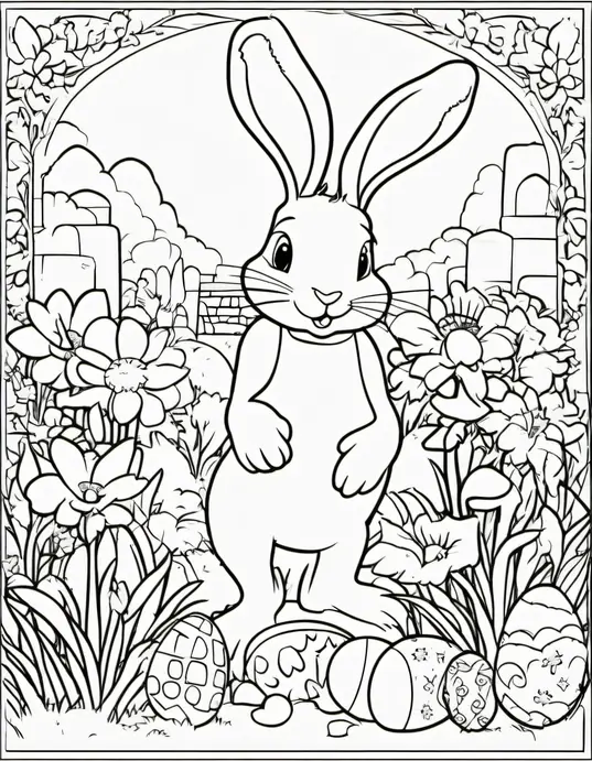 Easter Bunny Garden Coloring Page for Kids