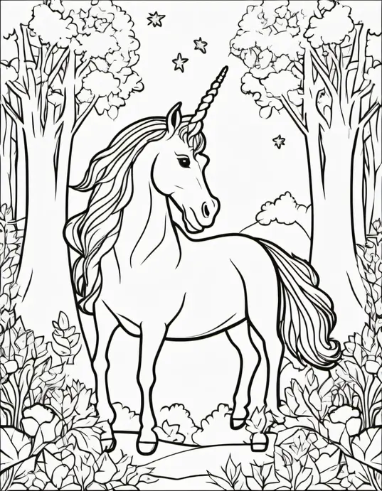 Magical Unicorn Forest Coloring Page for Kids