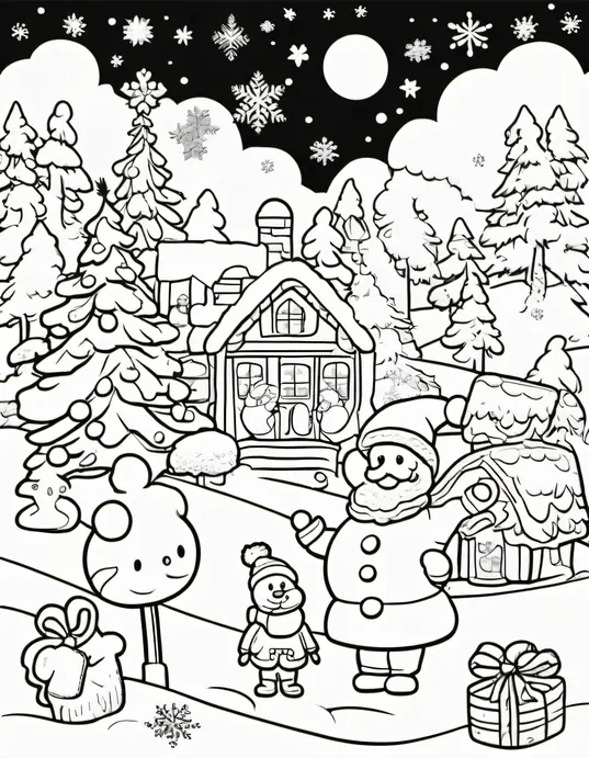 Santa's Winter Wonderland Coloring Scene for Kids