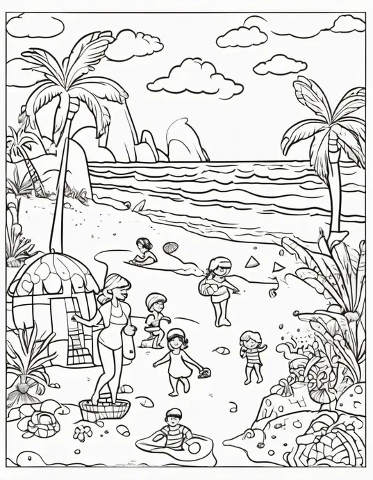 Sunny Day Beach Coloring Scene