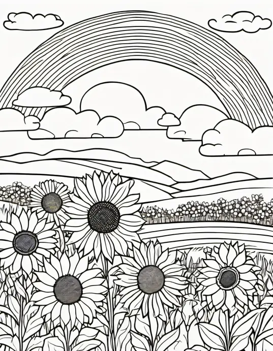 Coloring Rainbows Over Sunflower Meadow