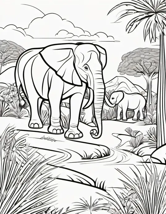 Colorful Savannah Elephant & Zebra Scene