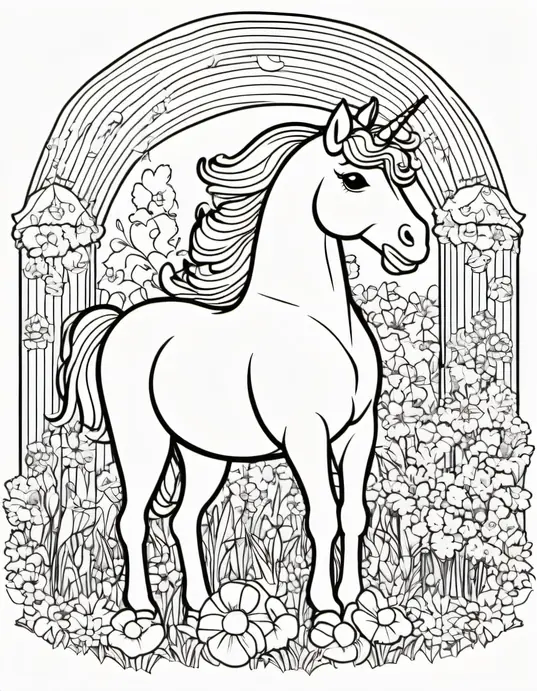 Enchanting Rainbow Unicorn Garden Coloring Page