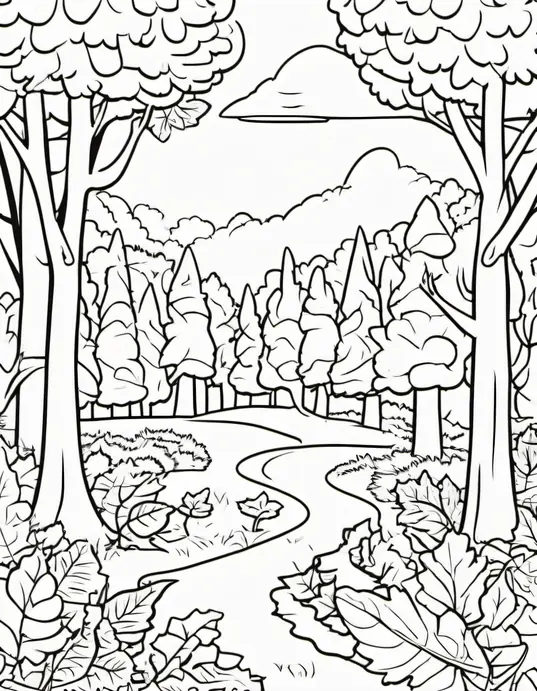 Autumn Forest Leaf Coloring Scene for Kids