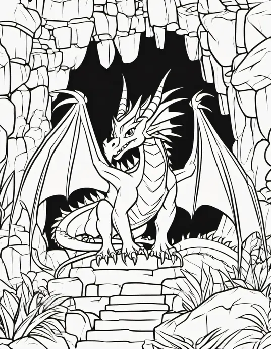 Anime-Style Dragon Cave Coloring Scene