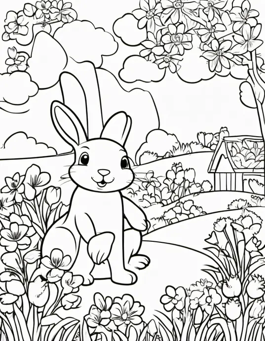 Springtime Bunny Garden Coloring Page