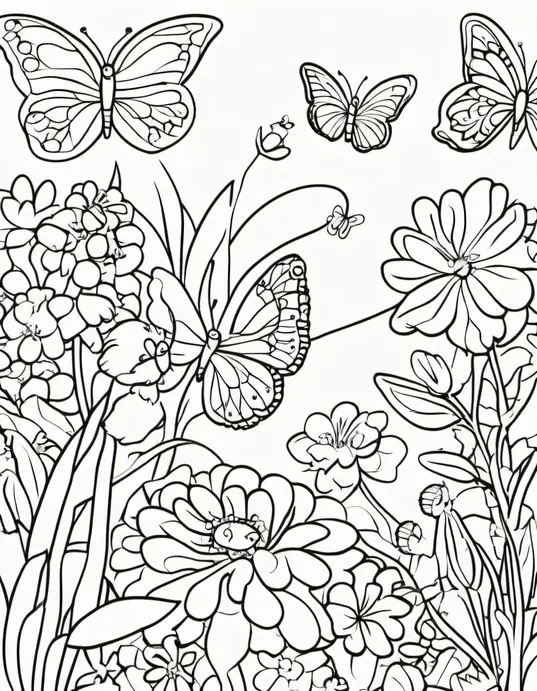 Butterfly Garden Coloring Scene for Kids