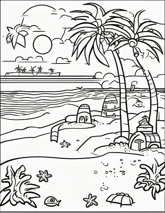 Sunny Seaside Coloring Scene