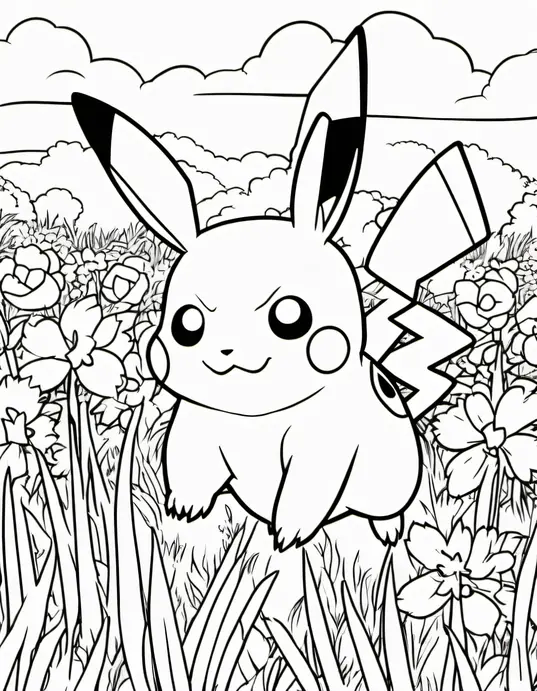 Pokemon Adventure Coloring Page: Catching Pikachu in Grassland