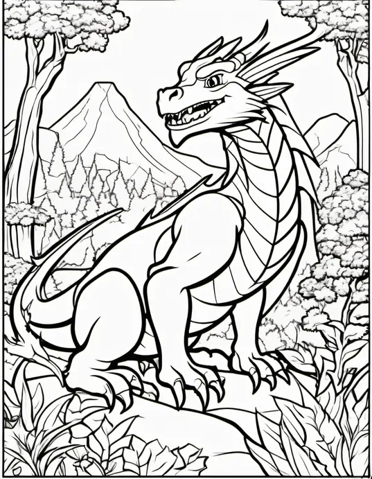 Coloring: Peaceful Dragon Forest Scene