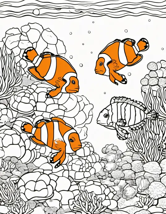 Color Underwater Friends: Playful Sea Turtles and Clownfish Scene