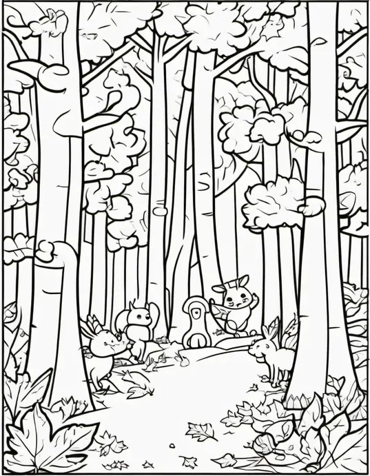 Autumn Forest Leaf Coloring Scene for Kids