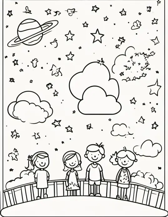 Colorful Night Sky Starry Friends Coloring Page