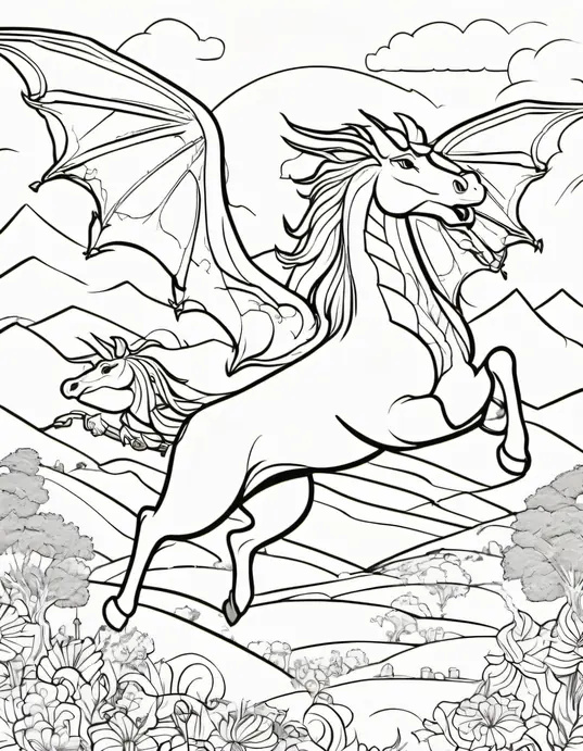 Color Magical Unicorn-Riding Dragons Scene