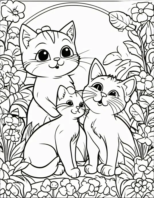 Coloring Cute Kittens Playing in a Garden