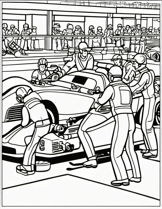 Coloring Super Fast Race Car Pit Stop Scene