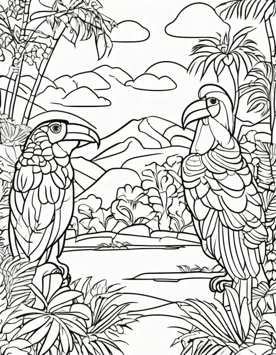 Exotic Jungle Rainforest Animals Coloring Scene