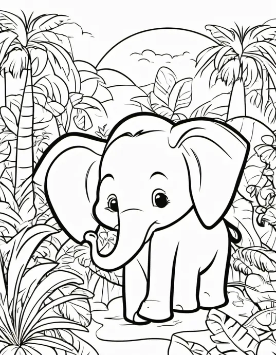 Colorful Jungle Baby Elephant and Monkey Scene
