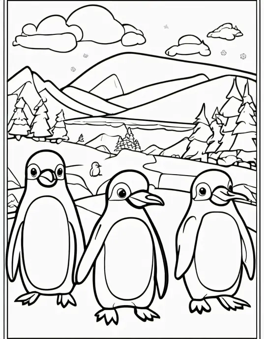 Penguin Party Coloring Scene for Kids
