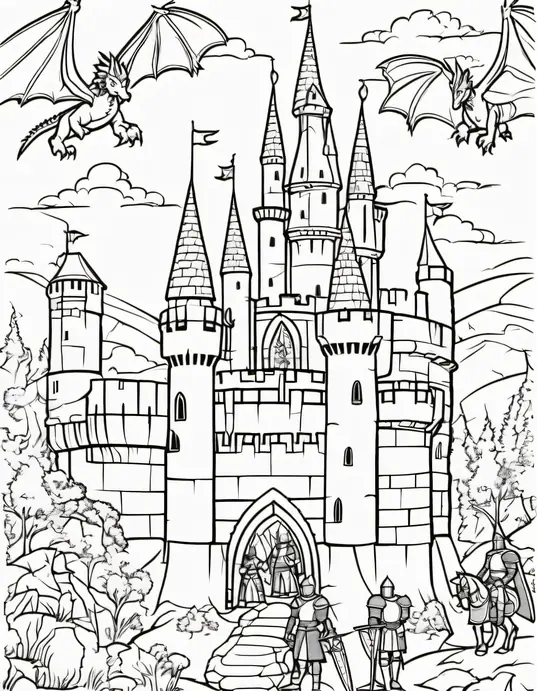Knightly Castle Coloring Page: Chivalrous Dragon Guard