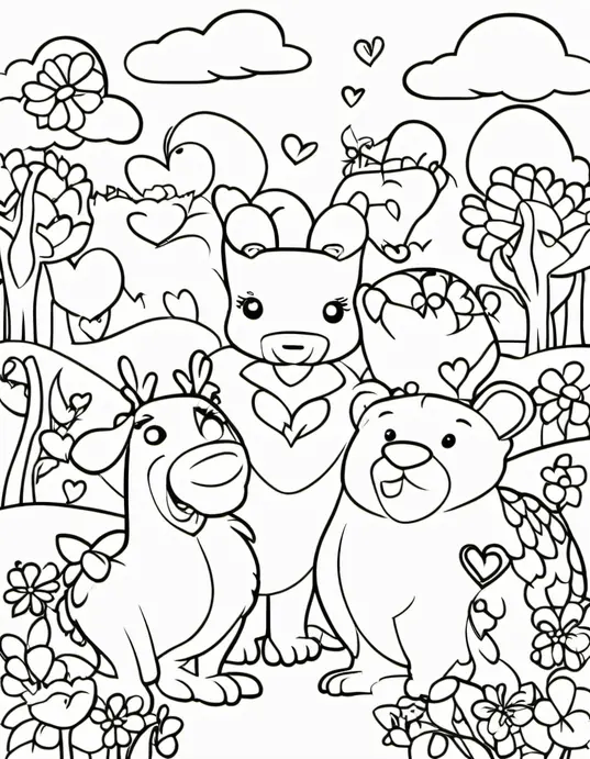 Heart-Shaped Creatures Coloring Page for Valentine's Day