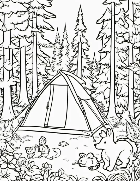 Explore Forest Friends Campsite Coloring Scene