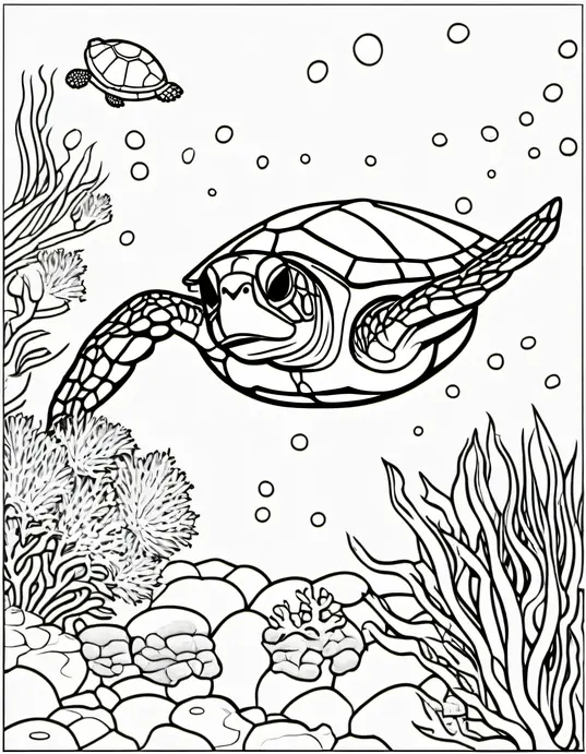 Underwater Sea Turtle Coloring Scene
