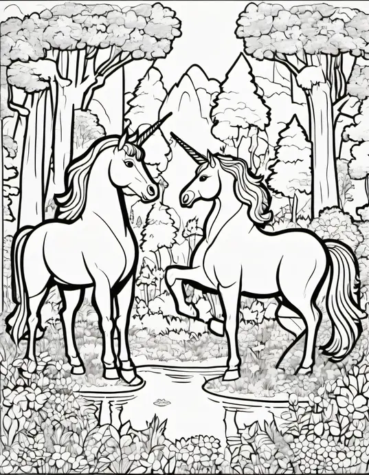 Magical Unicorn Forest Coloring Scene for Kids