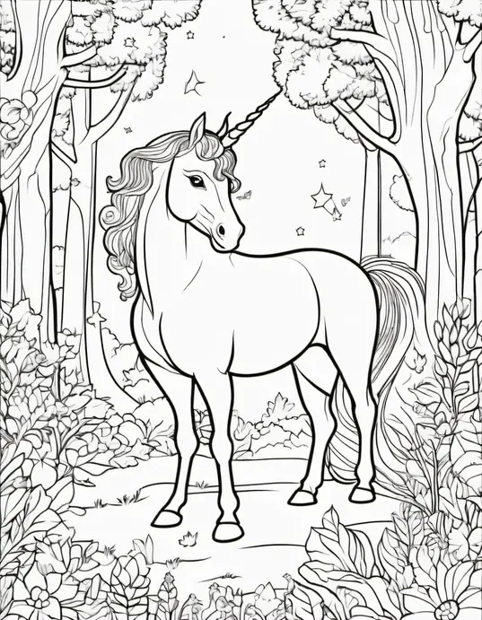 Enchanted Forest Coloring Page: Unicorn & Fairy Friends