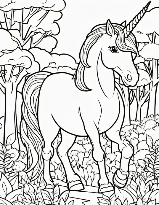 Magical Unicorn Forest Coloring Page