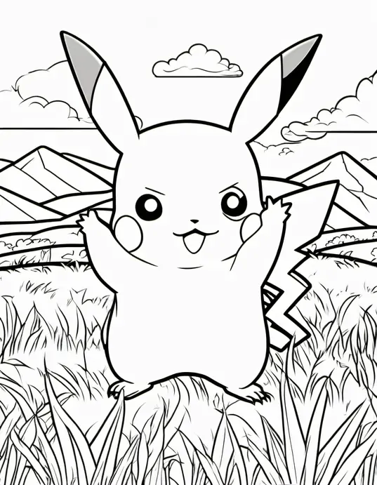 Pokemon Coloring: Catch Pikachu in a Grassland Scene