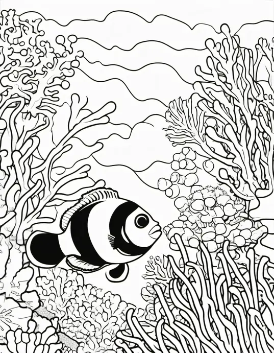 Color Underwater Clownfish Coral Reef Scene