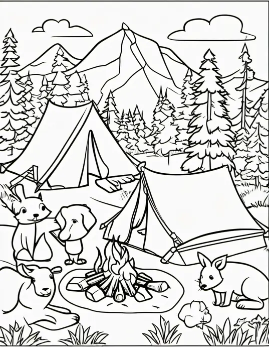 Sunset Tent Coloring Page for Kids Campout Fun