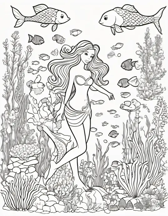 Magical Mermaid Garden Coloring Scene