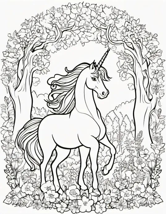 Enchanting Unicorn Forest Coloring Page
