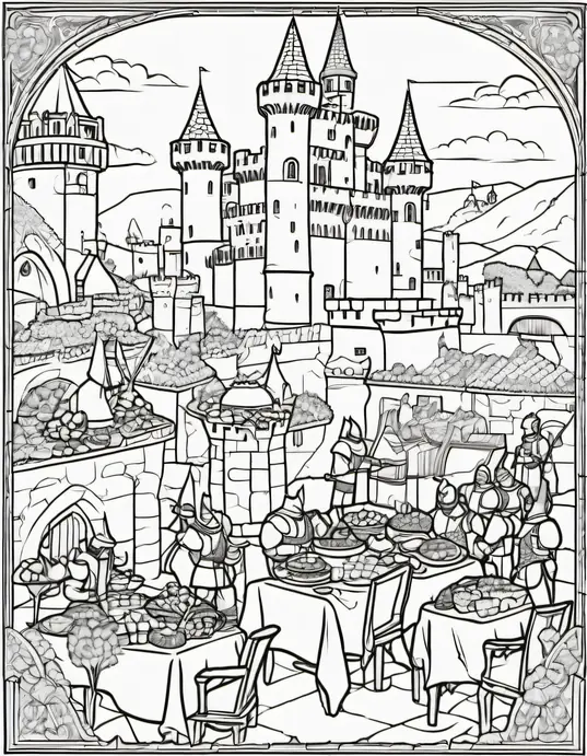 Medieval Castle Coloring Page for Kids: Knight's Feast