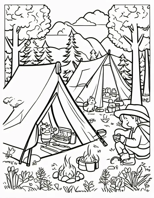 Explore Forest Campsite Coloring Scene for Kids