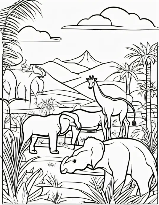 Exotic Savannah Creatures Coloring Scene