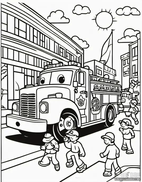 Colour a Sunny Fire Truck Parade Scene!