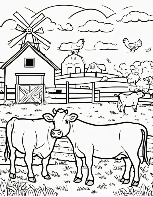 Colorful Sunset on Happy Farm: Cows and Chickens